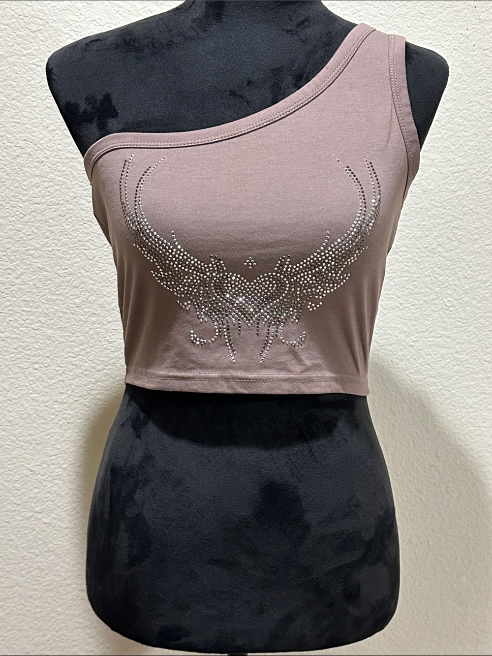 One-Shoulder Mauve Rhinestone Crop Top